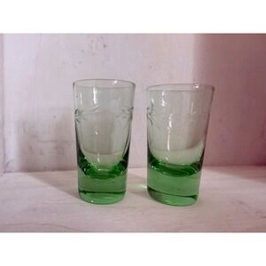 Vtg Green Etched Glass Shot Glasses Set of 2 Floral Leaf Pattern Weighted Base